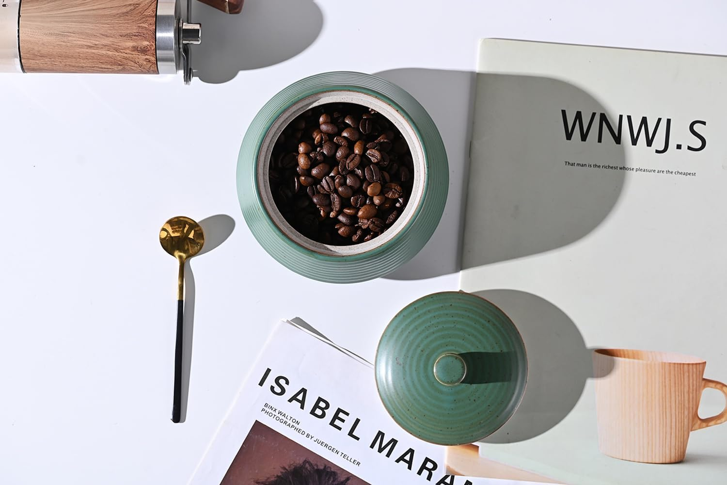 NCQIXIAO Retro Kitchen Canisters Ceramic Food Storage Jar Roud Shape with Silicone Airtight Lid for Tea, Coffee, Nuts, Herb, Spice, Sugar (Low Green) image number 4