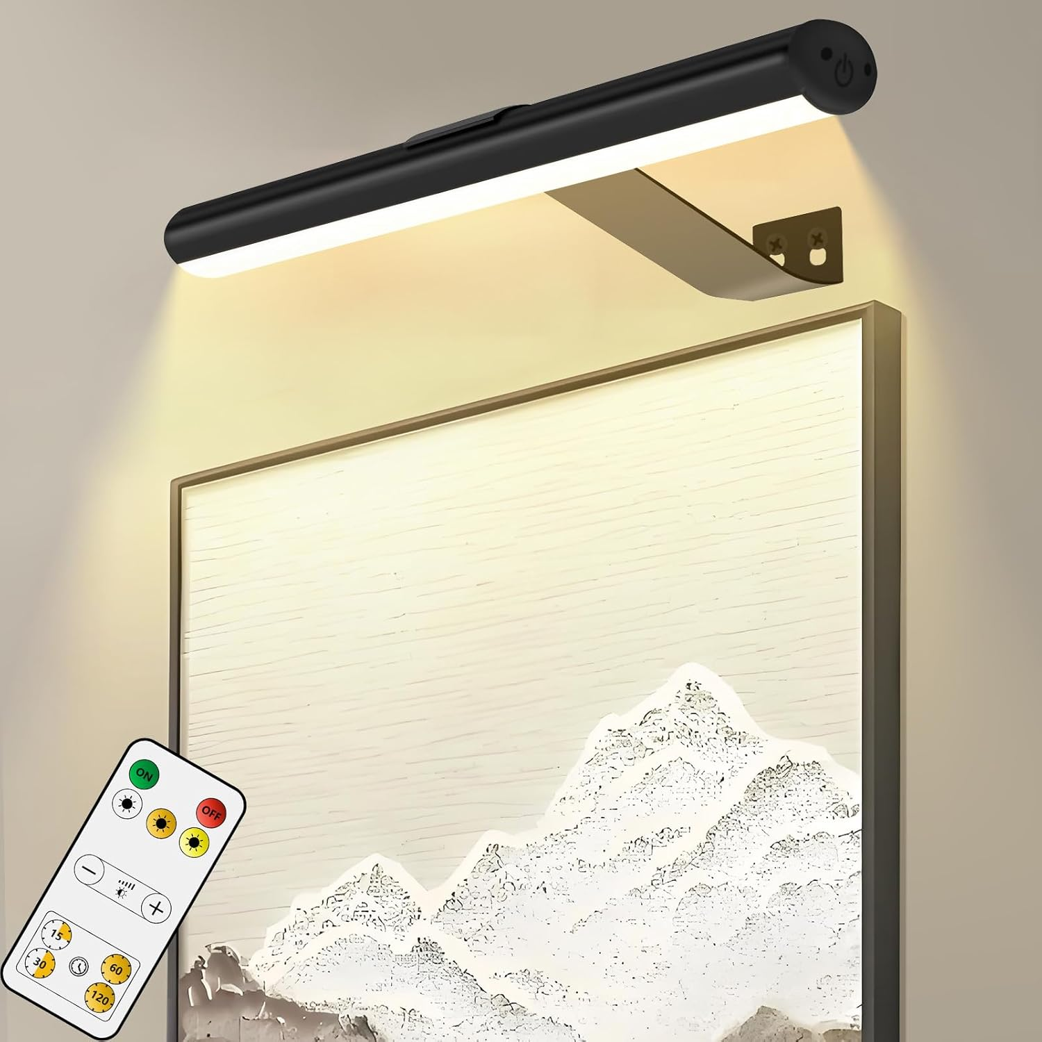 Picture Light Battery Operated, 16In Wireless Art Light Rechargeable, Cordless Display for Paintings with Remote, Timer, Dimmable Wall Sconce for Portraits, Frames, Gallery (Gold)