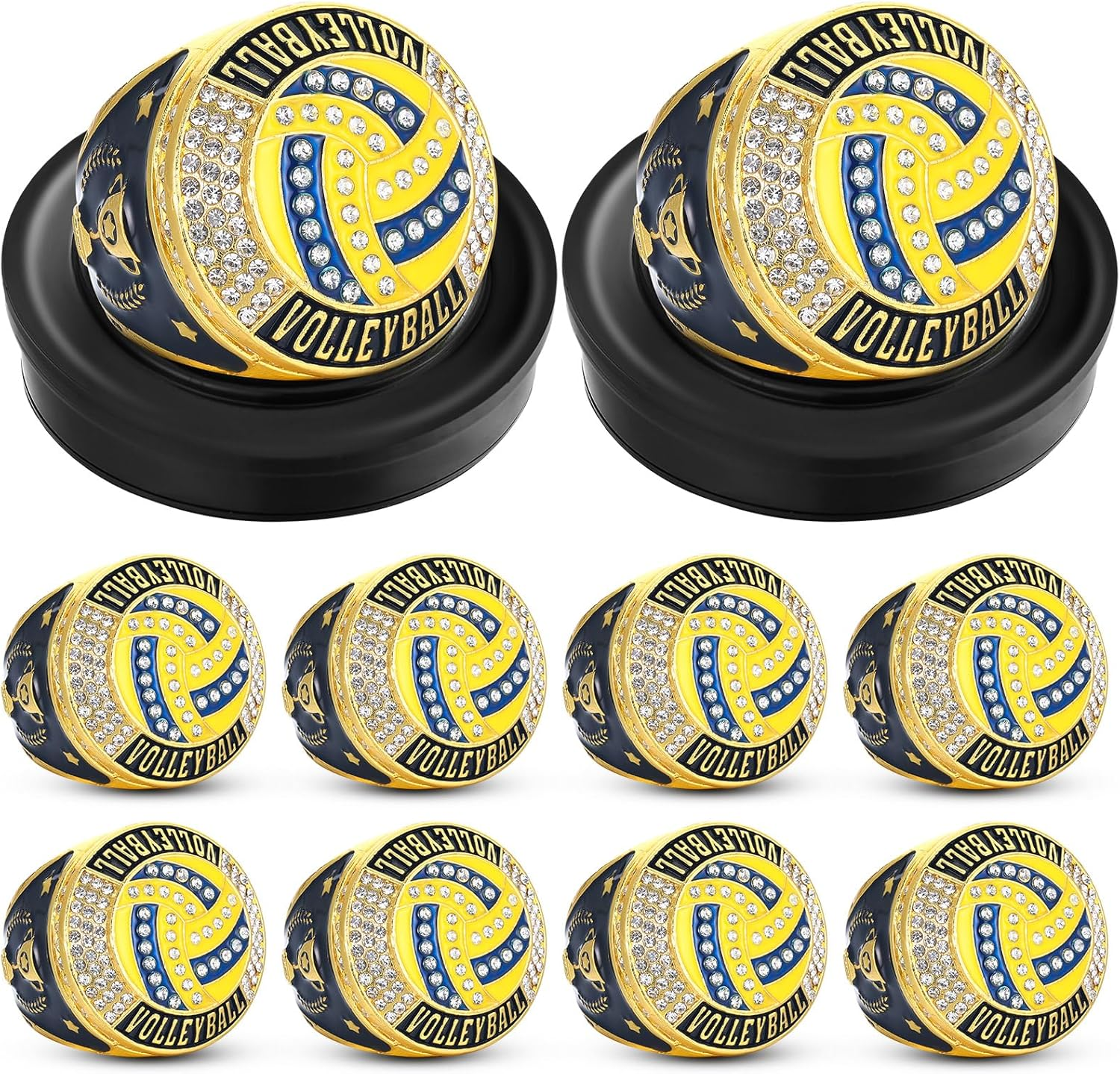 Highergo 10 Pcs Championship Rings with Display Neck Chain and Stand Baseball Soccer Volleyball Champion Rings MVP Most Valuable Trophy Rings for Tournament Winner Award Gift