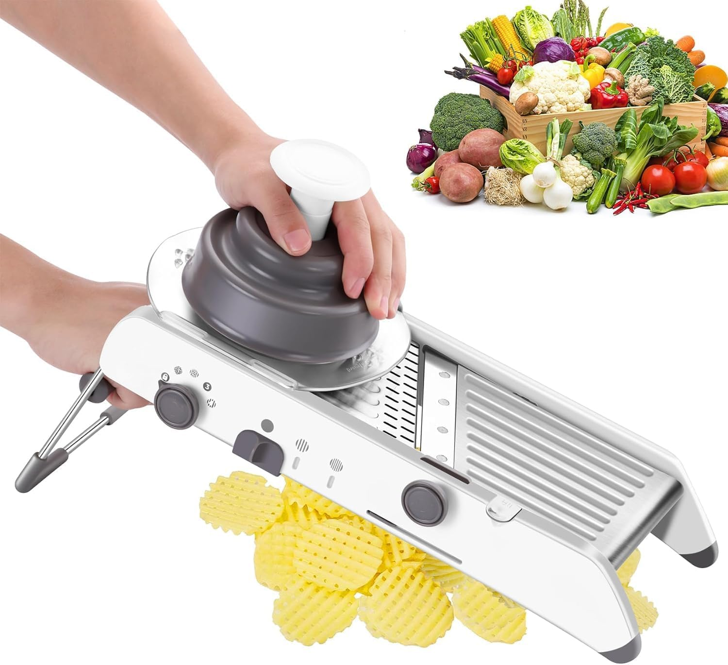 Mandoline Vegetable Slicer, Adjustable Blades Grater,Professional Multi-Function Potato Slicer Cutter, Adjustable Thicknesses, Julienne and Waffle Cut, Slicing Ramp, with Saftey Hand Guard image number 4