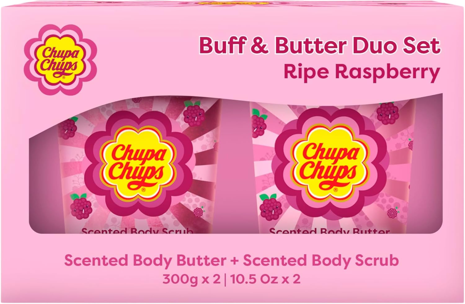 Chupa Chups Ripe Raspberry Buff and Butter Duo Gift Set (Body Scrub and Body Butter with Fruity Sweet Scent)
