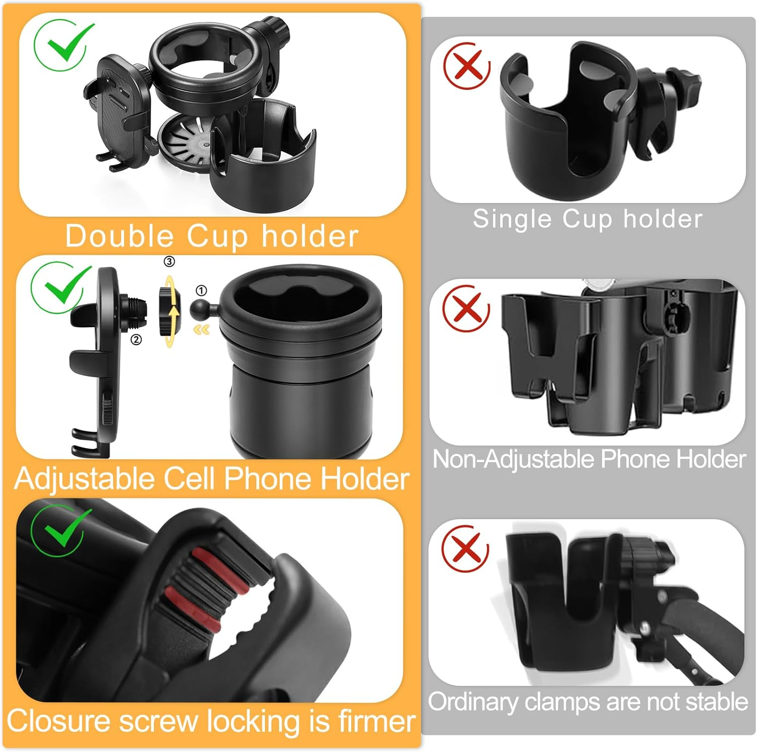Stroller Cup Holder with Phone Holder, Universal 360 Degree Rotation Pram Drink Holder, 3-In-1 Strollers Storage Rack for Pushchair, Wheelchair, Bike, Wheelchair, Walker, Fits Most Cups (Black) image number 2