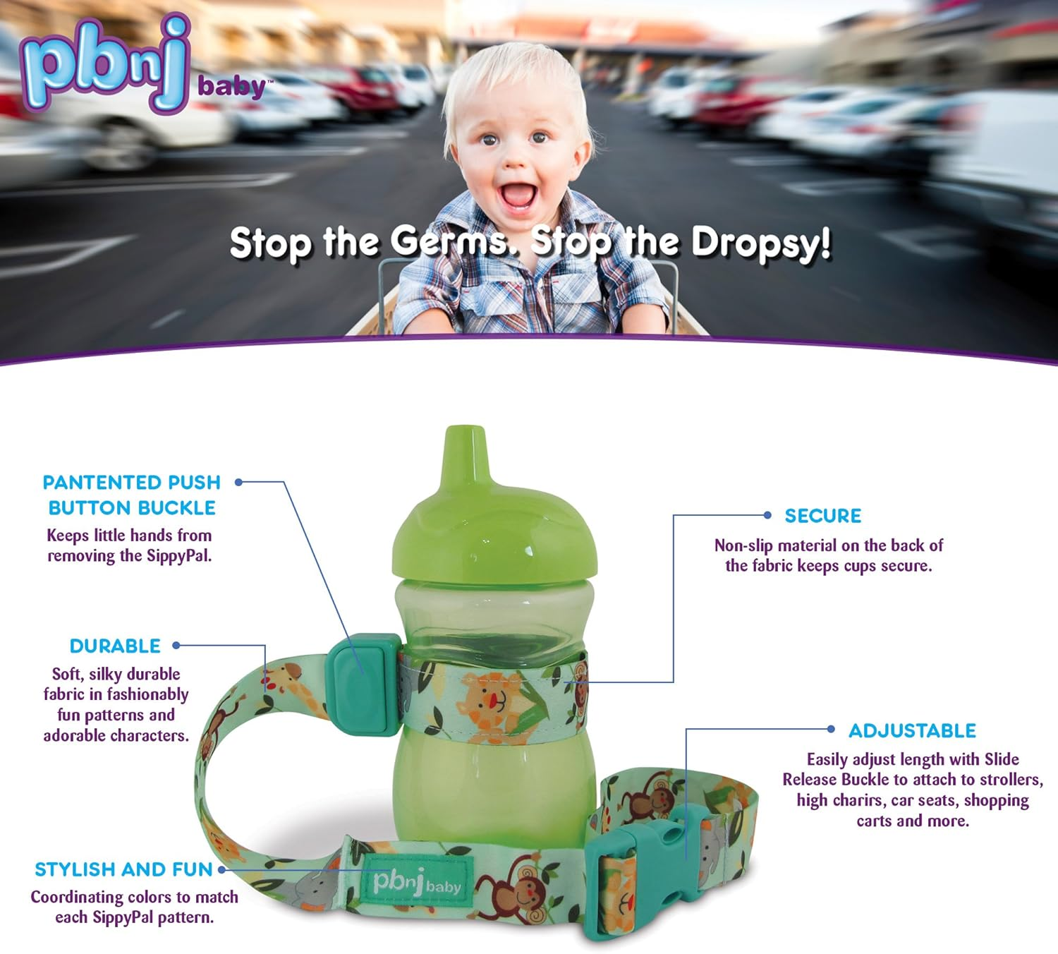 Pbnj Baby Sippypal Sippy Cup Holder Strap Leash Tether (Blk/White Dot 2-Pack)