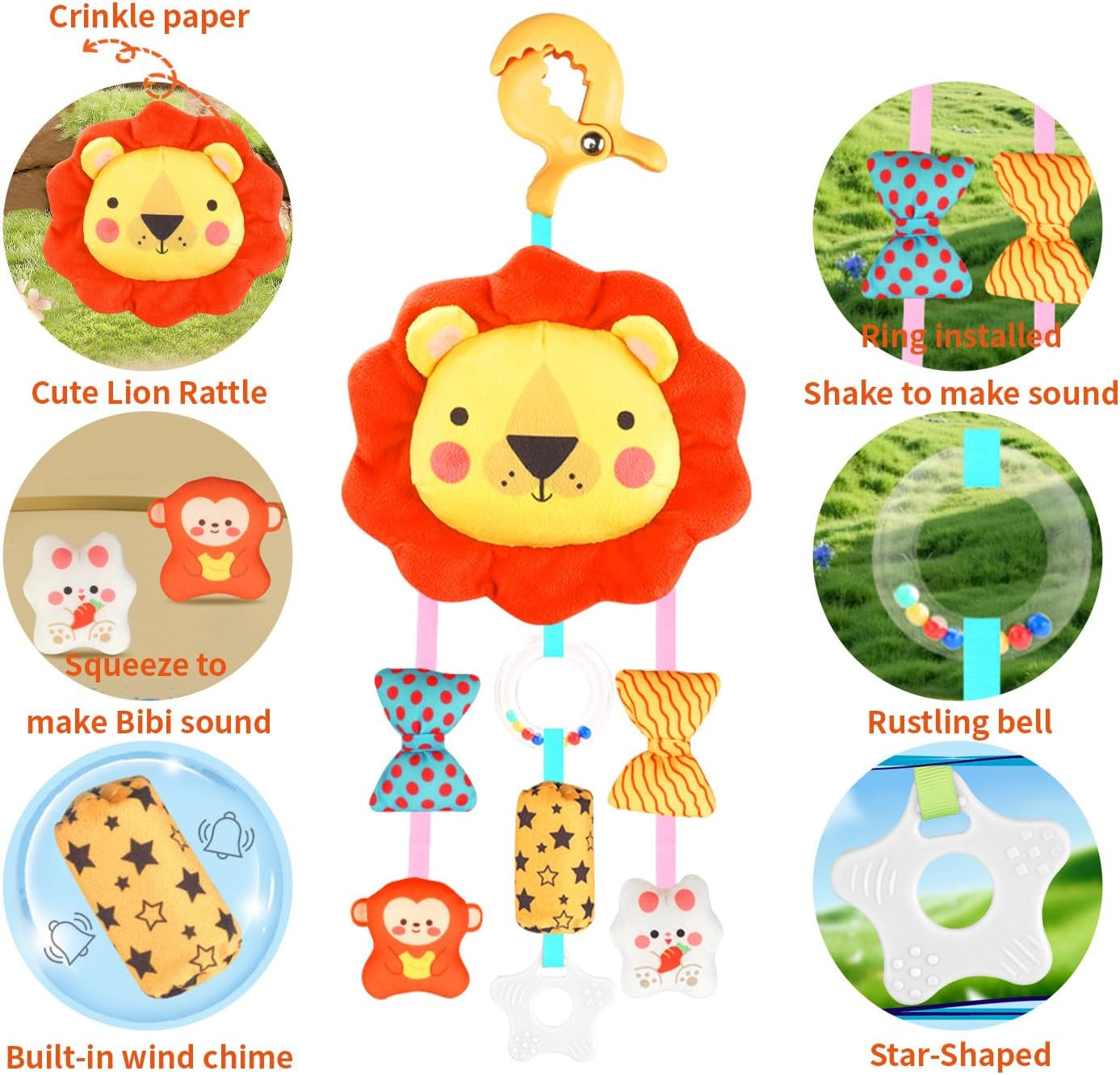 Baby Toys for 0 3 6 9 12 Months, Plush Animal Sensory Hanging Rattle,Newborn Interactive Soft Toys for Baby,Car Seat Stroller Hanging Toys Infant Boy Girl image number 6