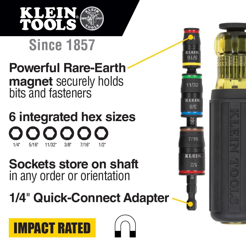 Klein Tools Impact Driver, 7-In-1 Impact Flip Socket Set with Handle, 6 Hex Driver Sizes plus a 1/4-Inch Bit Holder 32900