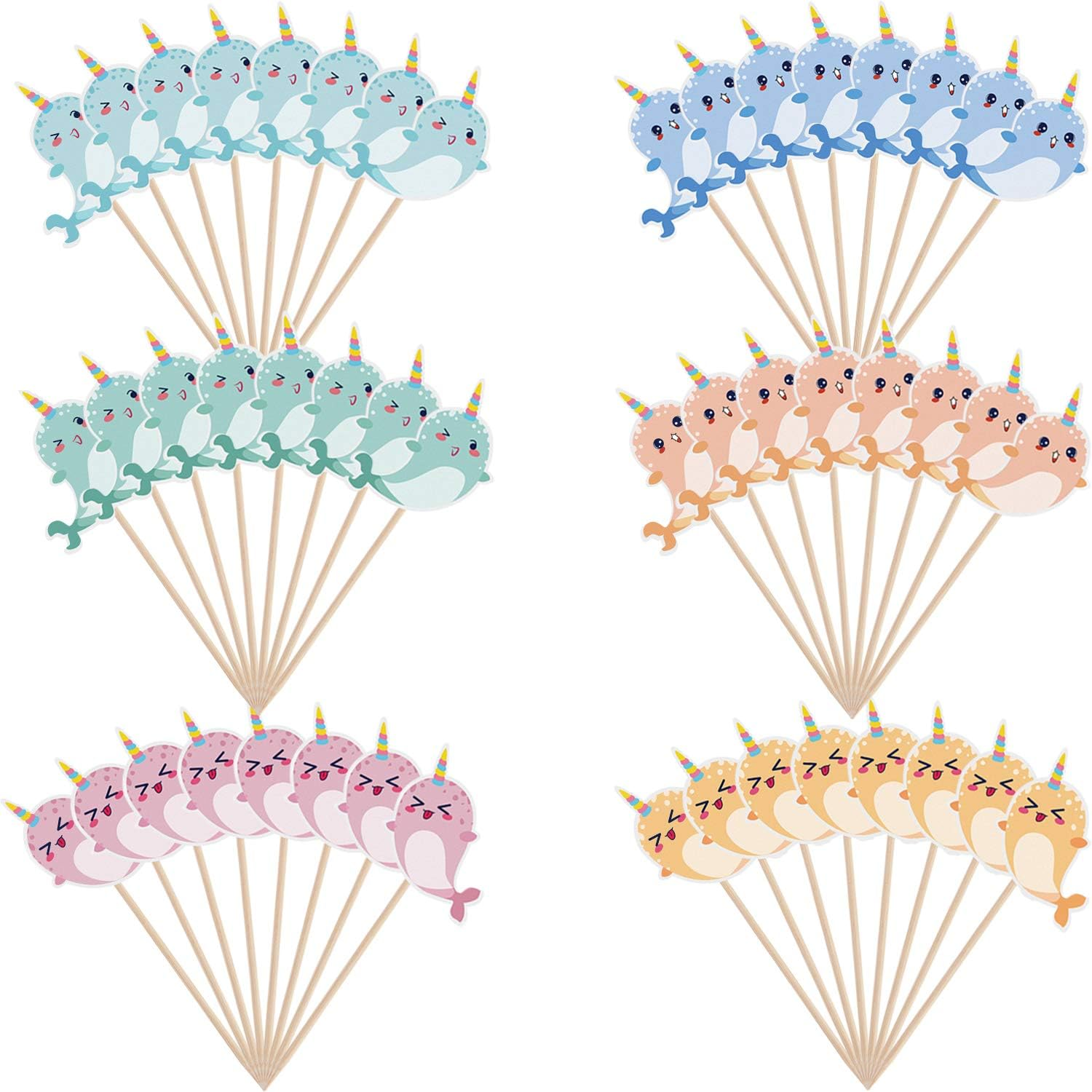 48 Pcs Narwhal Cake Toppers Narwhal Cupcake Toppers Ocean Birthday Party Decorations Supplies under the Sea Blue Ocean Themed Party Baby Shower Birthday Supplies image number 2