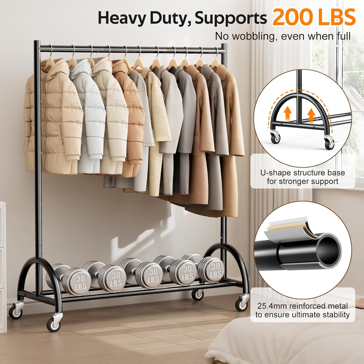 MISSLO Heavy Duty Clothing Rack with Wheels Rolling Clothes Racks for Hanging Clothes, Coats, Garment, Dress, Black image number 1