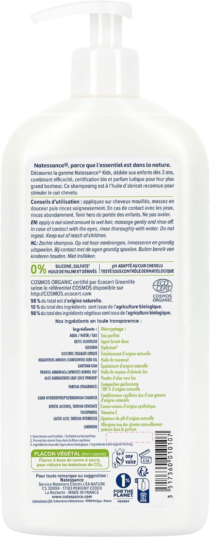 Natessance Kids Shampoo for Children Especially Gentle Apricot without Sulphates, 500 Ml