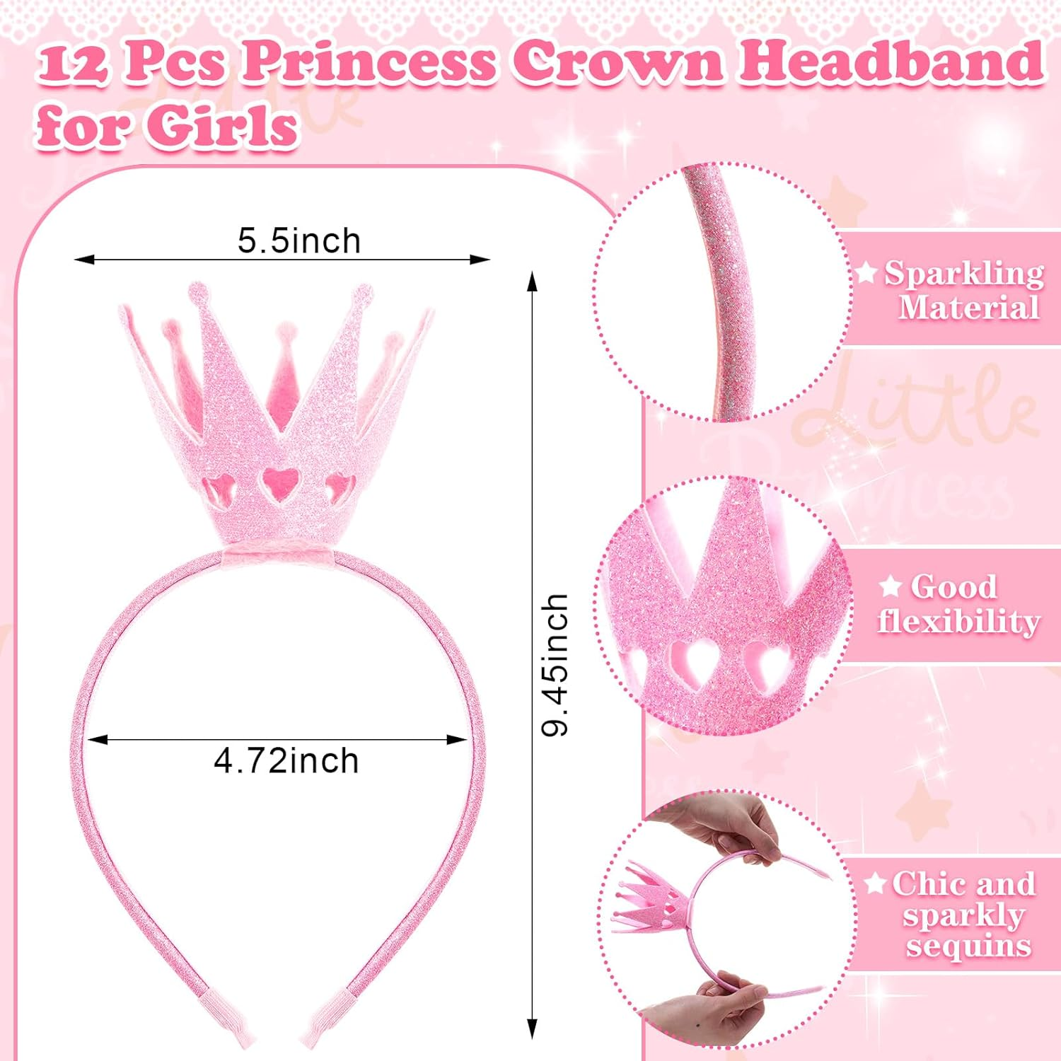 Juexica 12 Packs Princess Crown Headband Glitter Headbands Princess Favors Tiaras Princess Decorations for Girls image number 1