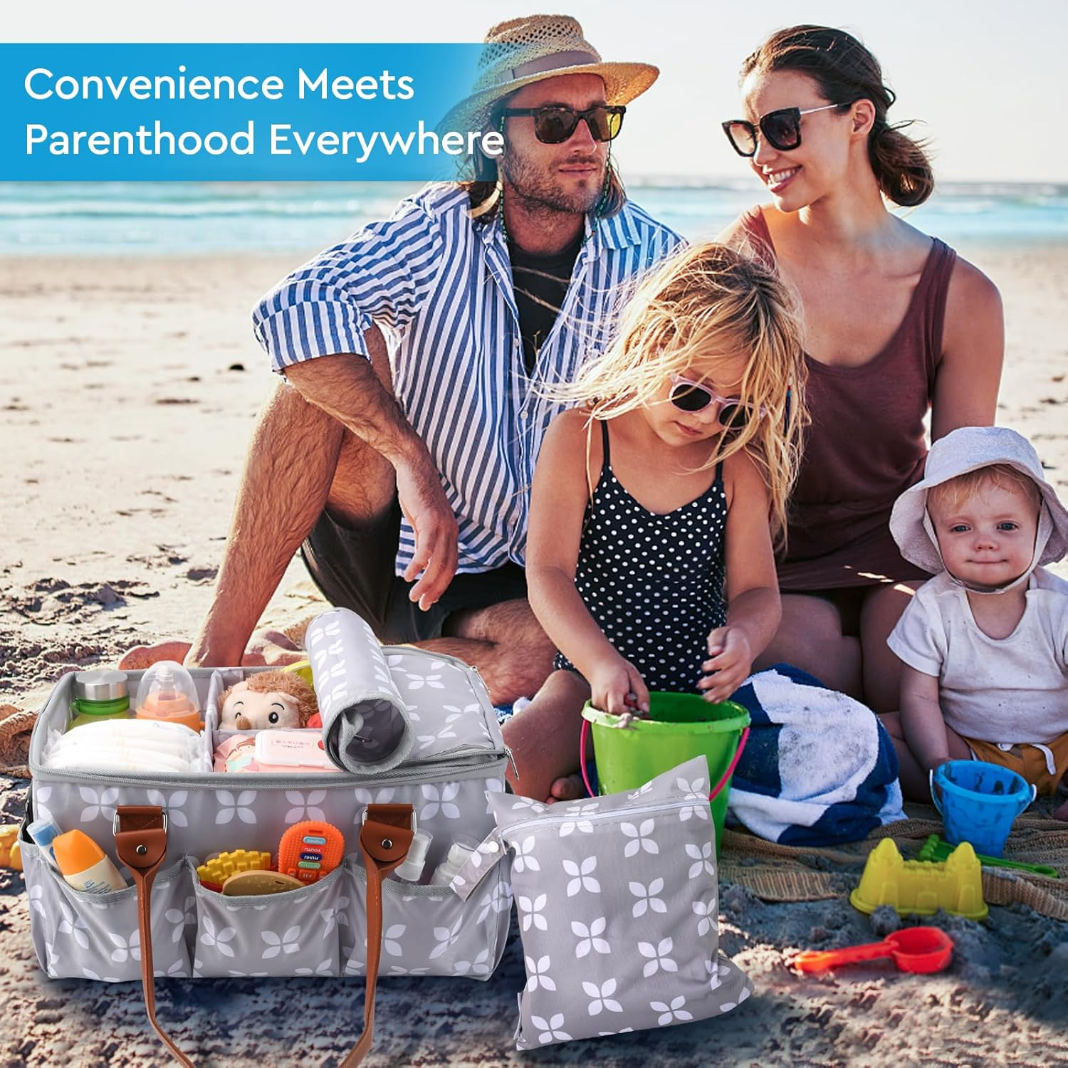 Moteph Diaper Caddy Organizer - Baby Caddy with Lid & Changing Mat, Car Diaper Caddy, Large Nursery Storage Diaper Tote Basket for Changing Table with Zip-Top Cover, Great for Baby Showers - Grey image number 4