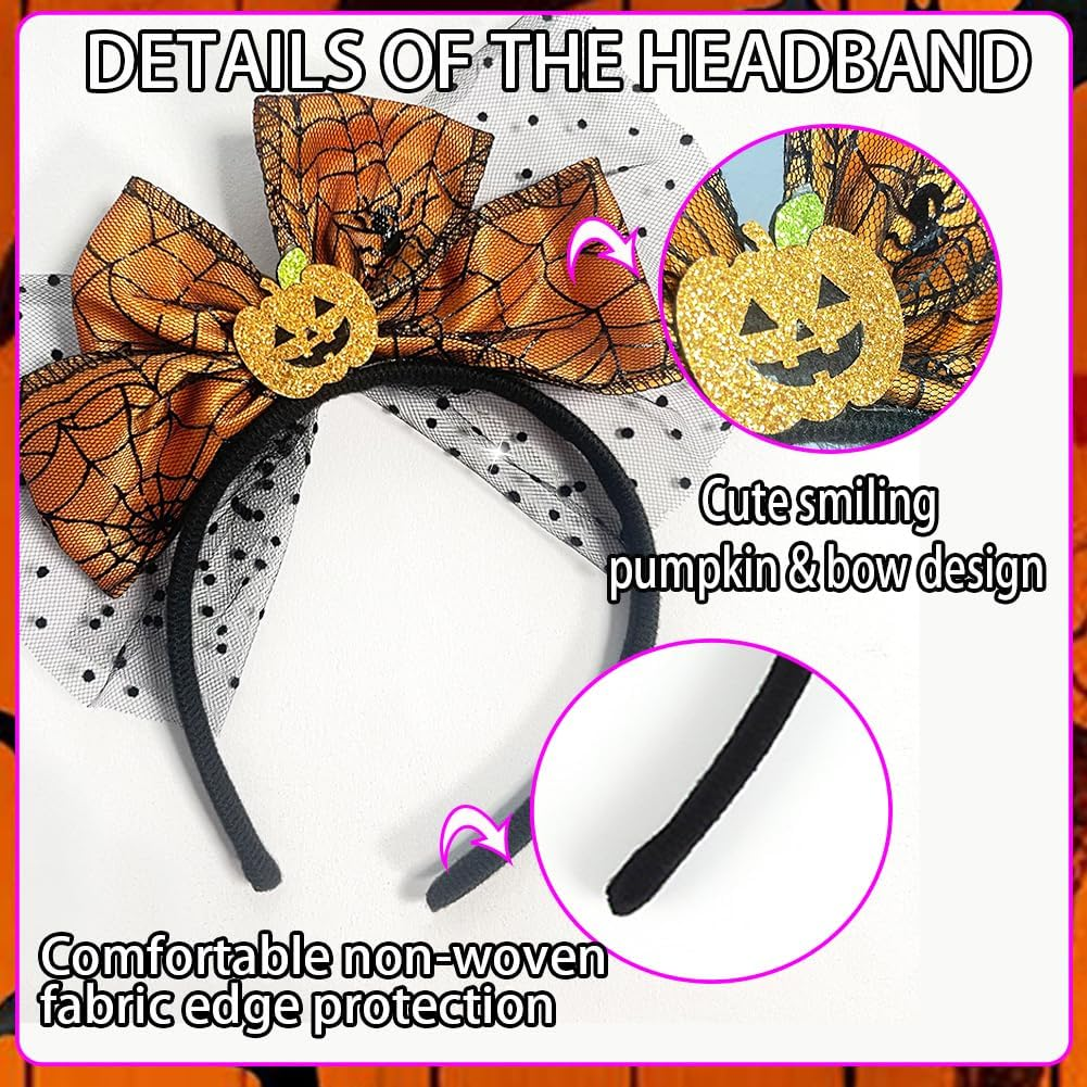 Happy Halloween Headband Pumpkin Bow Hair Accessories for Woman Halloween Party Headbands Decor Cute Pumpkin Mesh Design Headwear Hair Hoop for Fall Hair Decorations image number 4