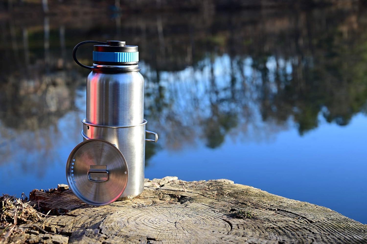 Gearland Canteen Stainless Steel Water Bottle with Nested Camping Cup and Lid for Bug Out Bag, Bushcraft Gear, Metal Canteen with a Wide Mouth Water Bottle and Mess Kit