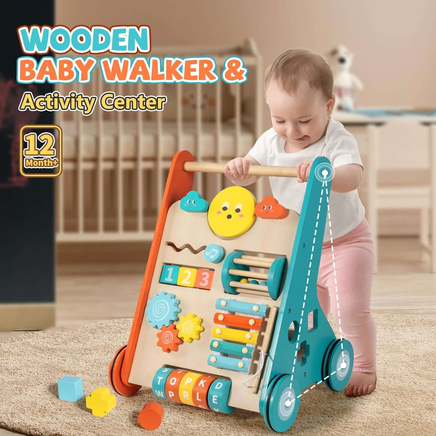 Baby Walker with Wheels, Wooden Push Walker Toys for Babies 6-12 Months, Baby Girl Walking Activity Toys for 1 Year Old - Green image number 5
