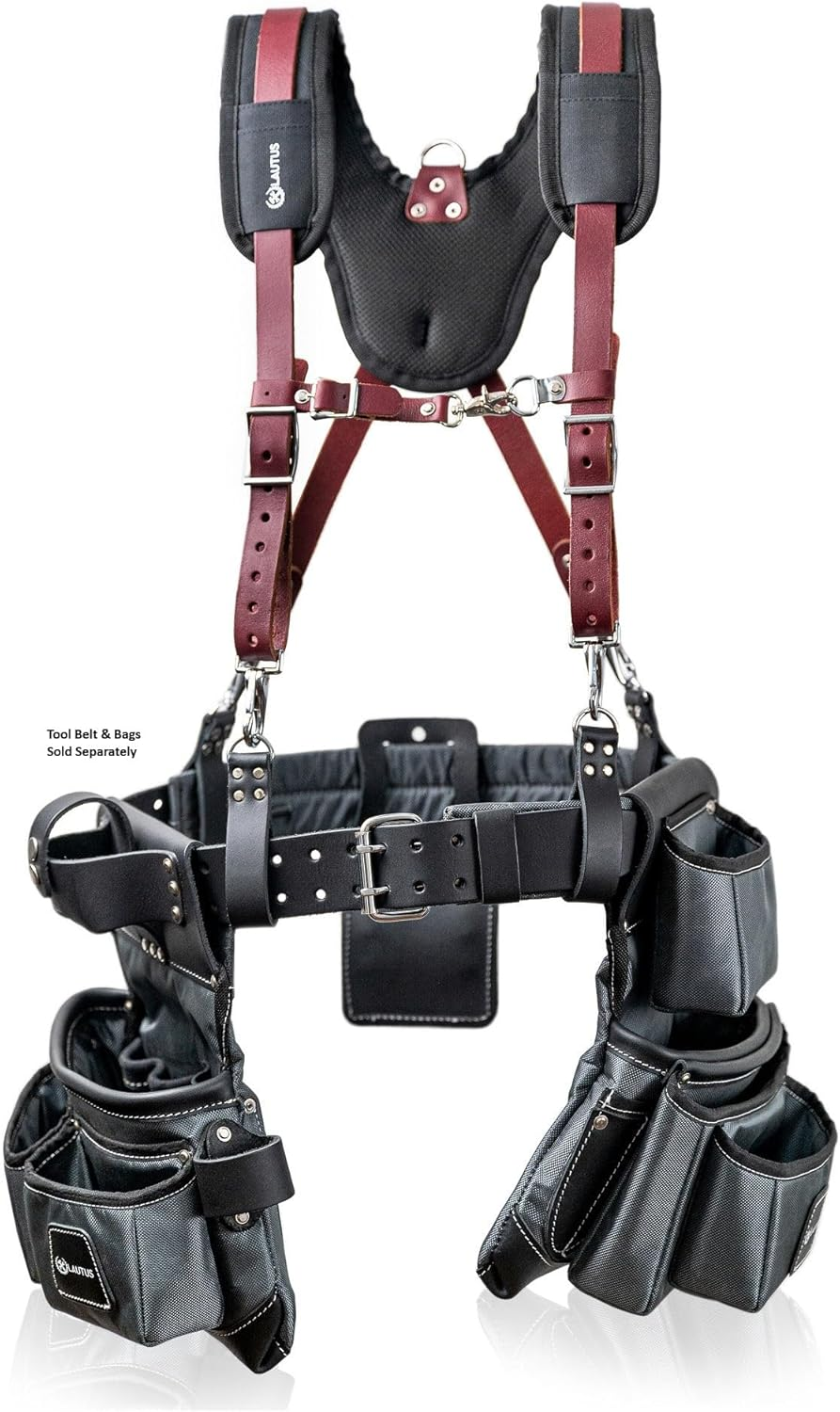 LAUTUS Leather Padded Tool Belt Suspenders W/Chest Strap| Pencil Sleeve| Comfortable & Heavy Duty | Fully Adjustable | Construction Grade |, Black, Regular