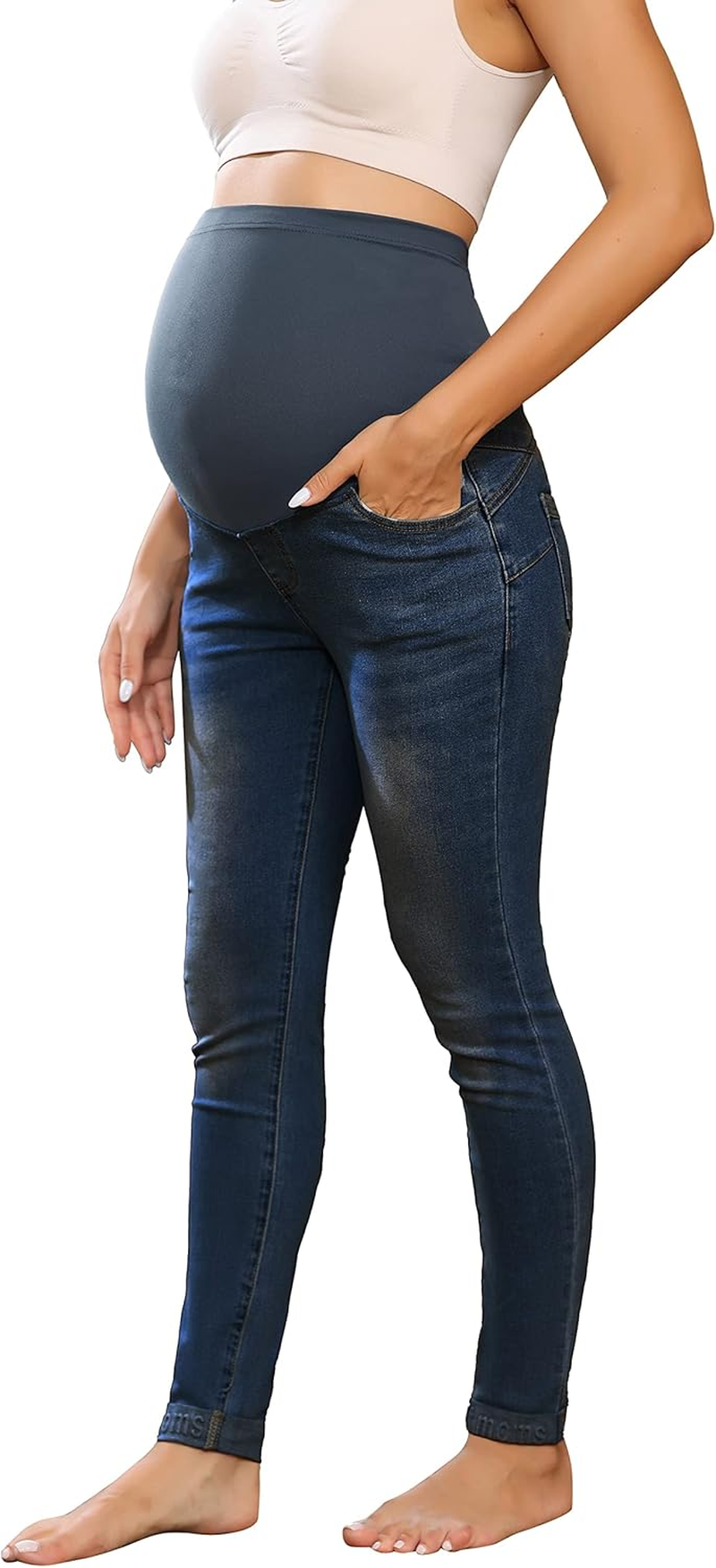 Maacie Women'S Elastic Maternity Jeans 2025 Slim Fit Maternity Jeans Comfortable Cotton Jeans Dark Denim Blue M image number 1