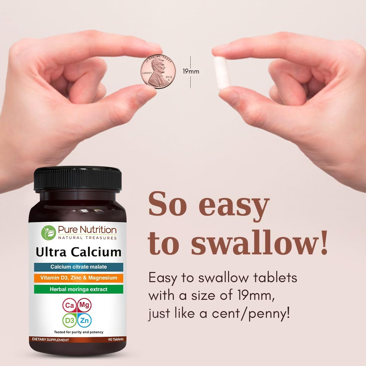 Pure Nutrition Ultra Calcium Citrate 1000Mg Highly Absorbable Calcium Supplement with Calcium Citrate Malate, Vitamin D, Zinc and Magnesium - 1 Tablet Daily (90 Veg Tabs) Non-Gmo | Gluten-Free image number 3