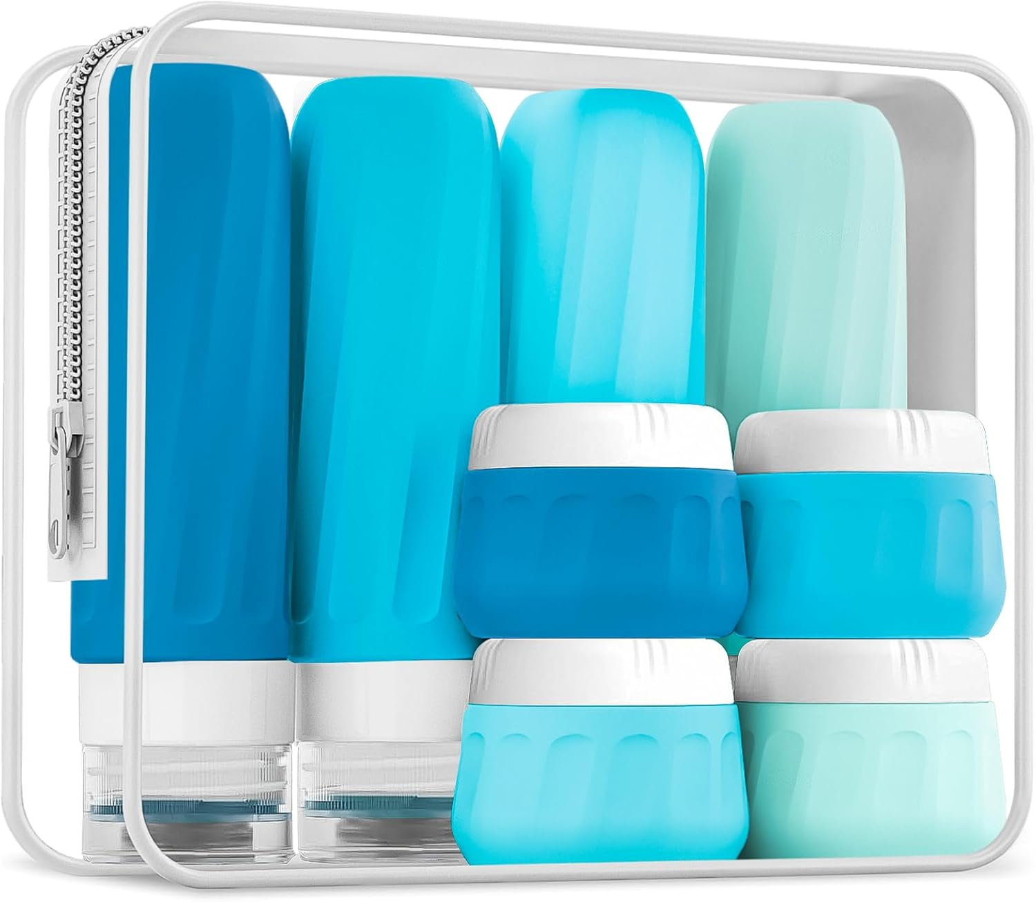 Mrsdry Travel Bottles for Toiletries 8 Pack, Travel Size Toiletries, Tsa Approved Travel Size Containers 3Oz, with Travel Essentials Clear Bag, Leak Proof Silicone Squeezable Creams Jars