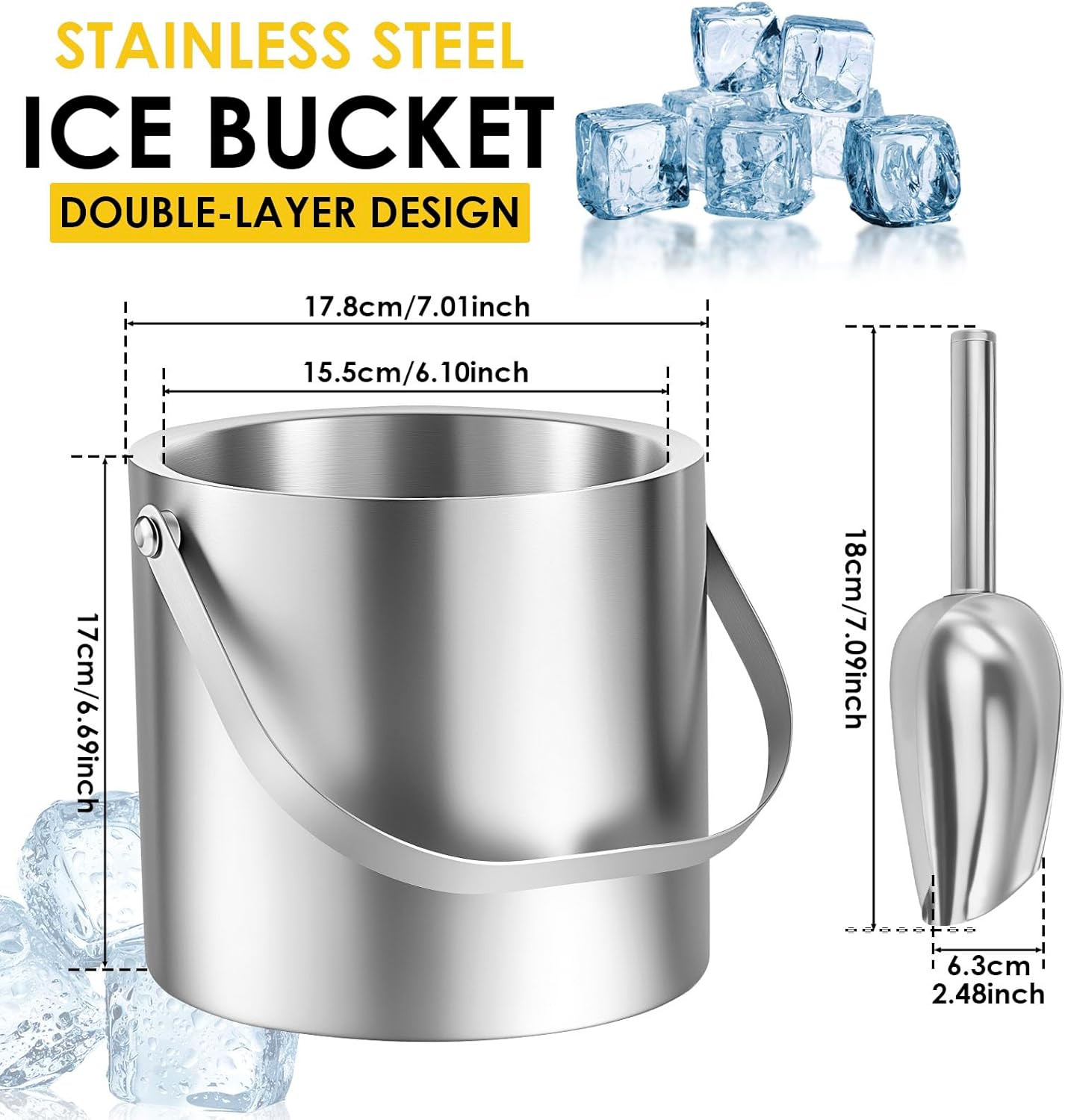3L Ice Bucket with Leakproof Lid Double Walled Stainless Steel Insulated Ice Bucket with Scoop Beverage Cooler Container Wine Chilling Tub for Cocktail Bar Party image number 6
