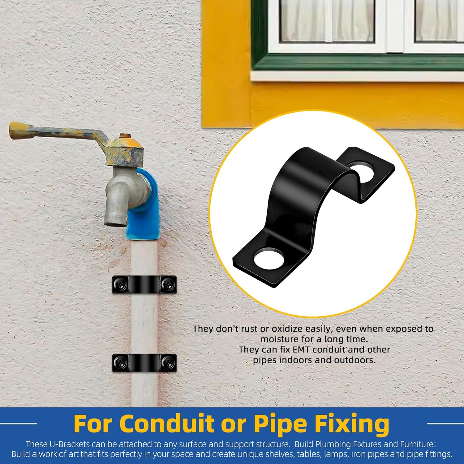 Glarks 75Pcs 10Mm Pipe Strap Clamp, Black Carbon Steel 2 Hole Strap Heavy Duty Rigid Pipe Strap U Bracket Tube Strap Cable Clamp Hanger Tension Tube Clip with Screw for Pipe Tube Cable Fixing image number 3