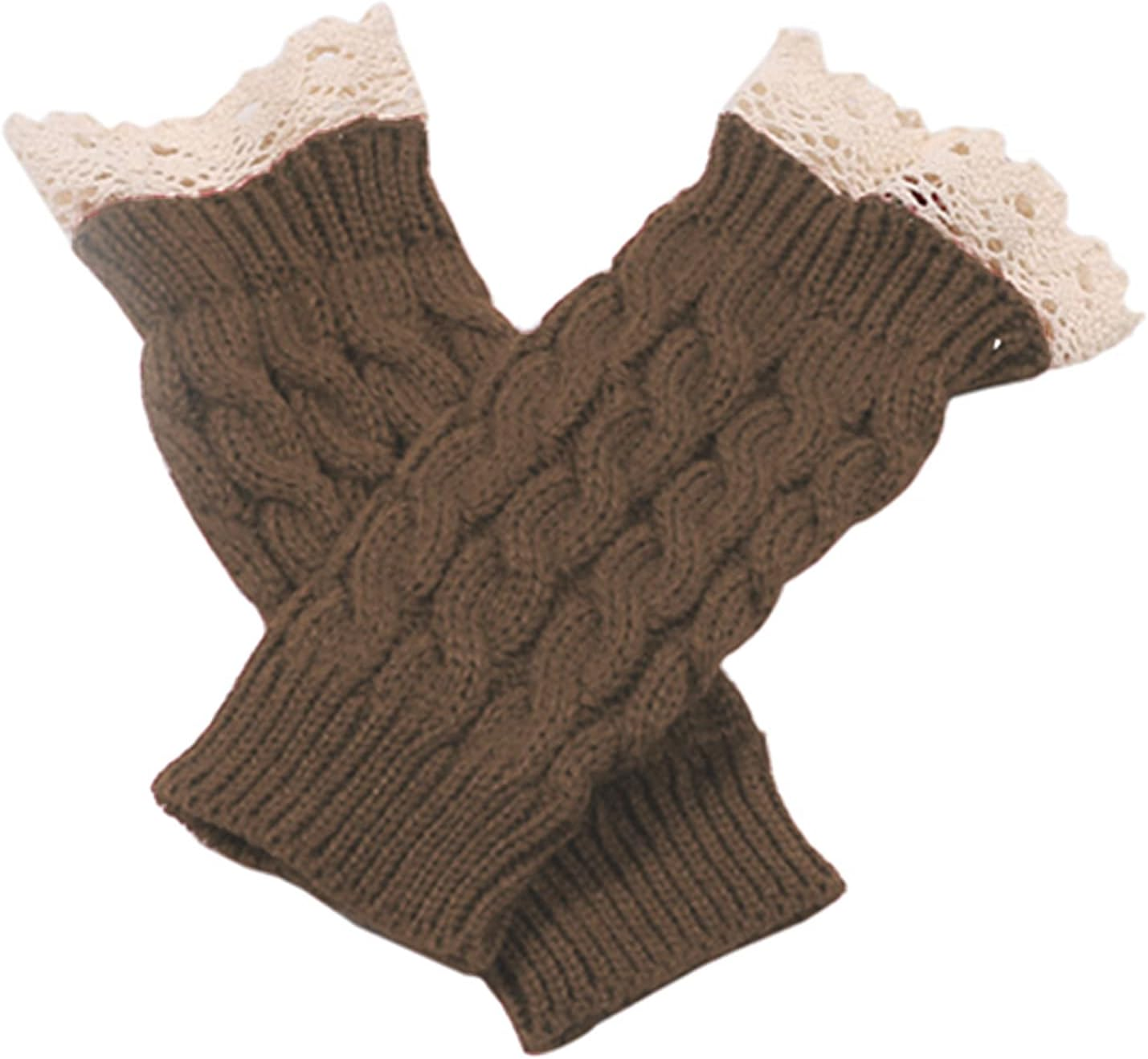 CENZICOM Women Knit Arm Warmer Winter Fingerless Thumb Hole Mitten Soft Gloves with Lace - White image number 5