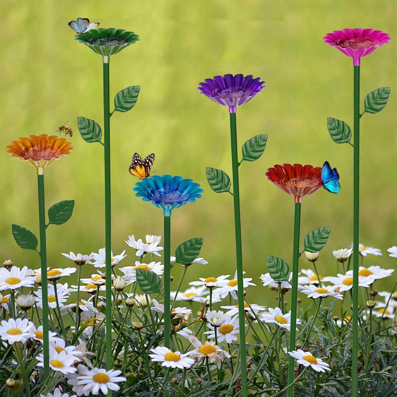 Retyion 4 Pack Bee Watering Station, Cups for Garden Metal Water Feeder with Vivid Flower Design, Colorful Butterfly Bath Bowl for Outdoor Garden Yard Decor (Red, Green, Blue, Yellow)