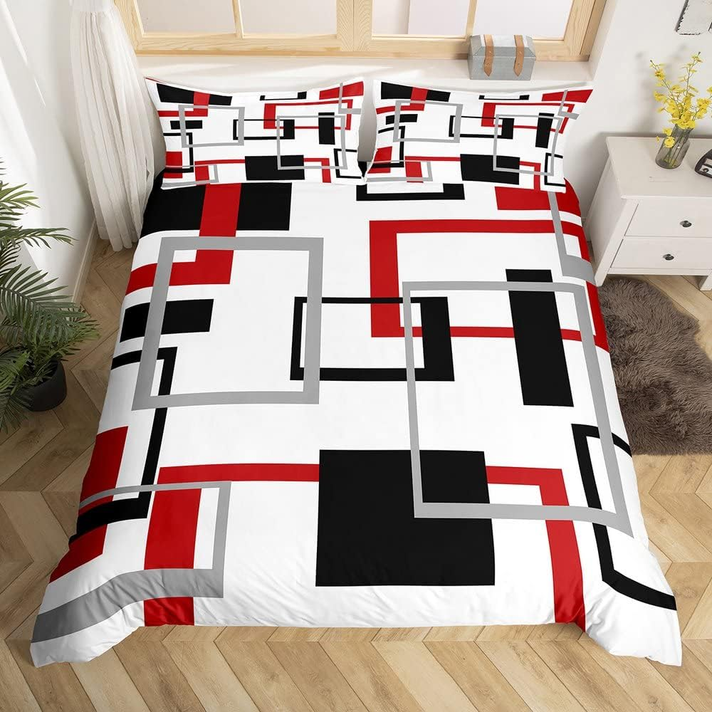 Geometric Square Duvet Cover Red Grey Black White Duvet Cover for Children Teenagers Modern Geometric Grid Ombre Bedspread Soft 135 X 200 Cm Modern Simple Graphic Printed Bed Linen