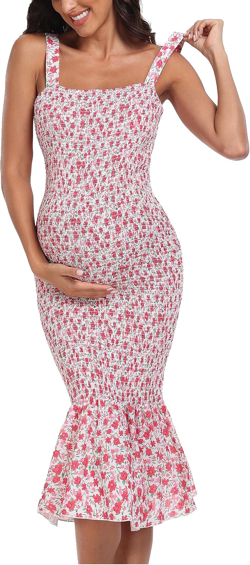 Summer Floral Midi Tank Maternity Dress, Sleeveless Strappy Ruffle Hem Smocked Bodycon Baby Shower Dresses