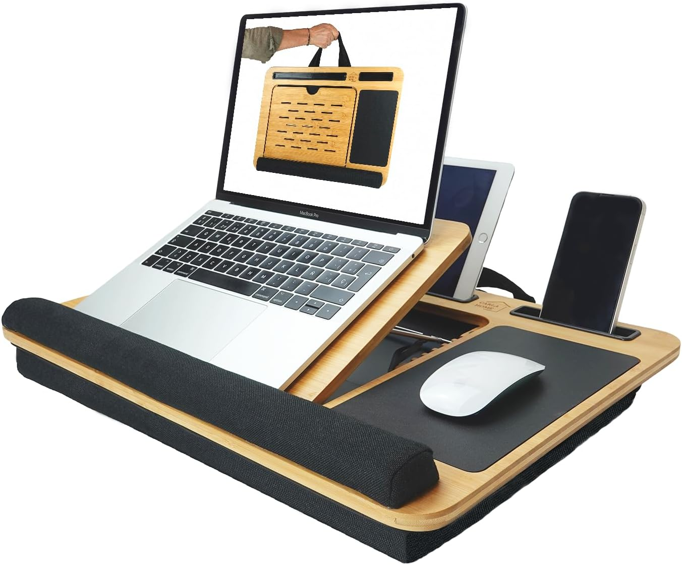 CARLA HOME Bamboo Laptop Lap Desk with Cushion, Angle Adjustable Laptop Computer Stand Bed Desk, Portable Lap Desk W/Handles, Tablet & Phone Holder, Mouse Pad & Shields Heat (Black)