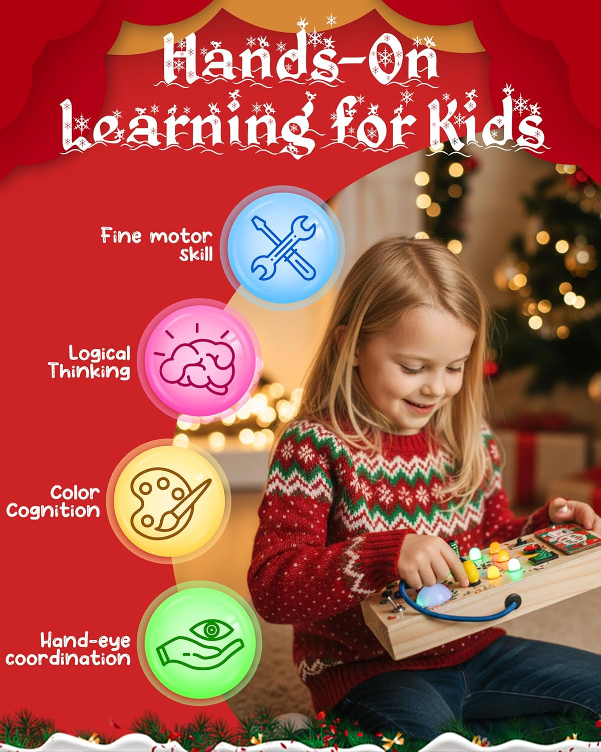 Busy Board Toddler Toys - Wooden Montessori Toys for 3 Years Old Toddlers, Sensory Travel Toy with 14 LED Light up Switches, Ideal Gift for 3+ Year Old Boys Girls, Medium