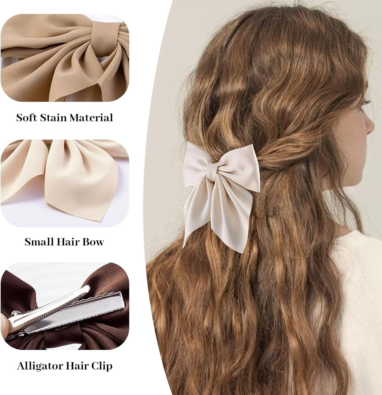 Muorruo 8 Pieces Hair Bows for Women, Short Bow Hair Clips, Small Alligator Hair Clips, Cute Accessories for Girls, Bow Clips for Thick and Thin Hair, Black/Khaki image number 4