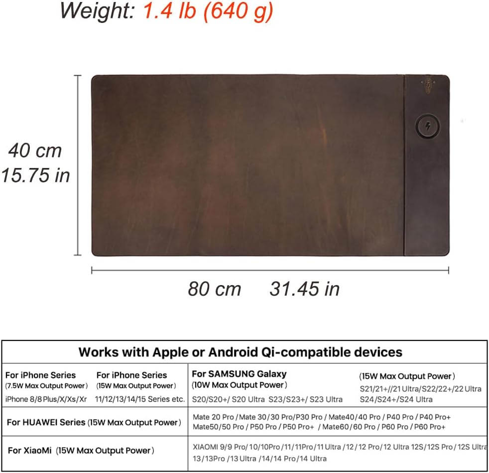 Contacts Top Grain Leather Wireless Charging Desk Mat with 15W Wireless Charger Type C Chargering Port Computer Desk Pad Large Mouse Pad 80X40 Cm image number 2