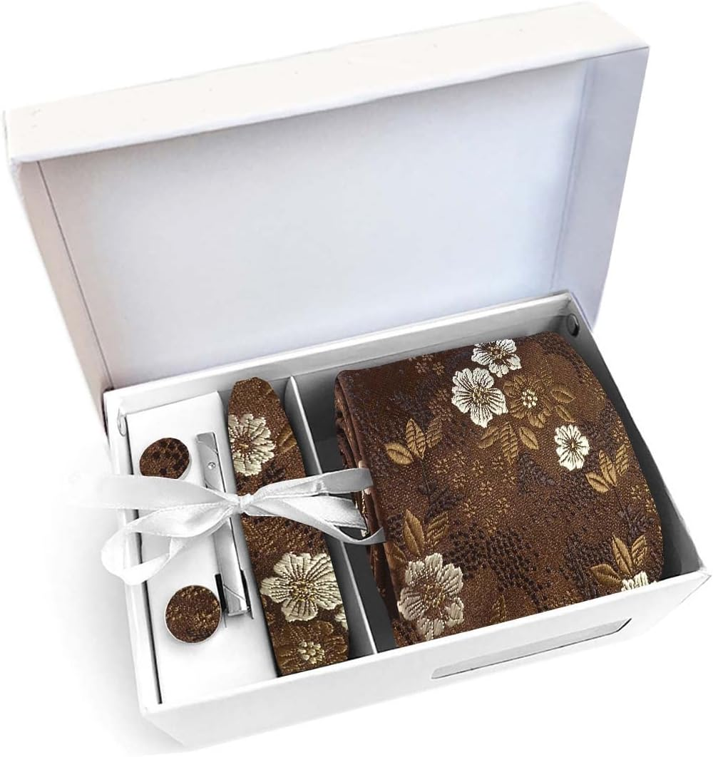 Men'S 8Cm Silk Fashion Floral Tie Hanky Cufflinks Clip Gift Box Bag Set Ac8888