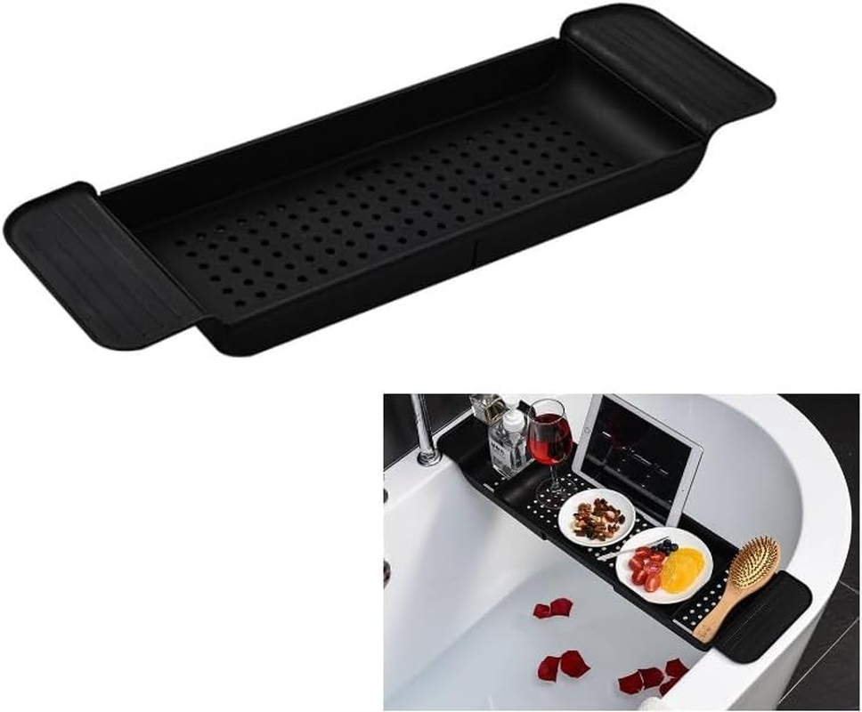 Expandable Drain Bath Shelf Caddy Tray,Clear Plastic Anti-Slip Bath Tub Shelf Caddy Tray,Multifunctional Plastic Bathtub Tray Bathtub Storage Rack for Candle Towel, Book, Wine, Phone, Shower (Black)