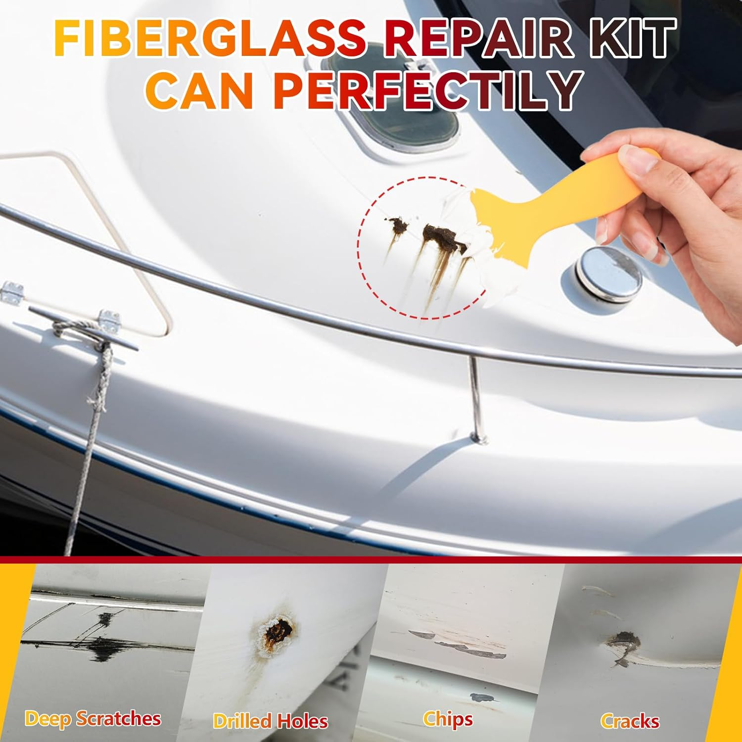 Marine Fiberglass Repair Kit for Boats, Gel Coat Repair Kit for Boats, Epoxy Filler for Fiberglass Boats Fix Holes, Chips and Deep Cracks, Gelcoat Repair Kit for Fiberglass, Acrylic, Porcelain(White) image number 3
