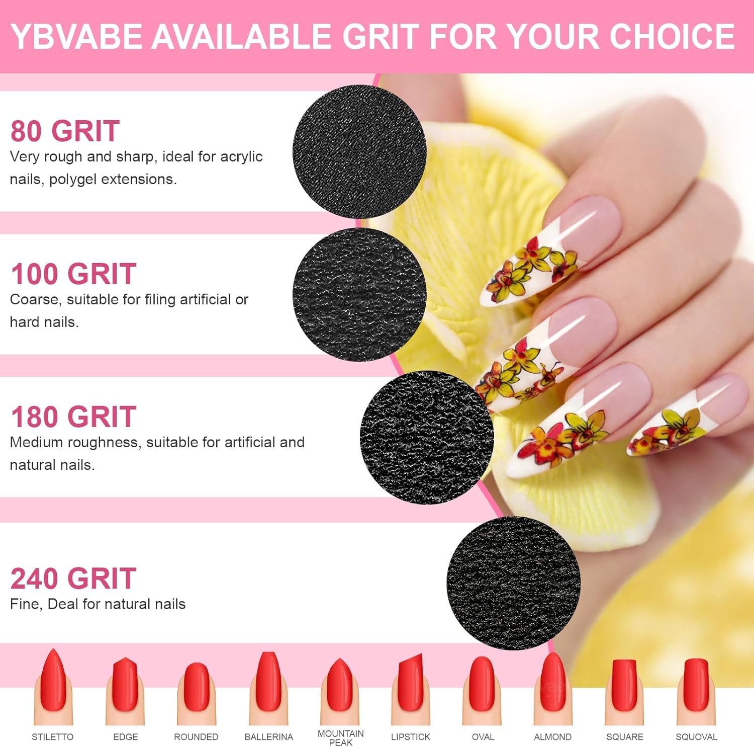 YBVABE Nail Files 100/180 Grit - 8Pack for Precision Nail Shaping and Professional Salon Quality Black Double Sided Emery Boards, Professional Rhombus-Shaped Grit Nail File for Manicure and Pedicure Tool image number 4