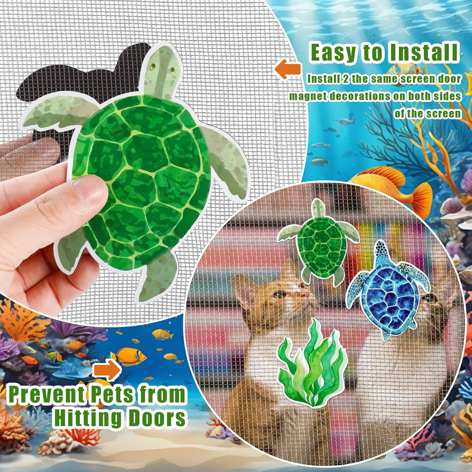JSRQT 12Pcs Ocean Theme Magnet Screen Door Decorative, Sea Turtle Starfish Double Sided Magnetic Flexible Screen Door Protector, Screen Door Magnet Sticker Decals Protect for Door Window Kid Pet Bird