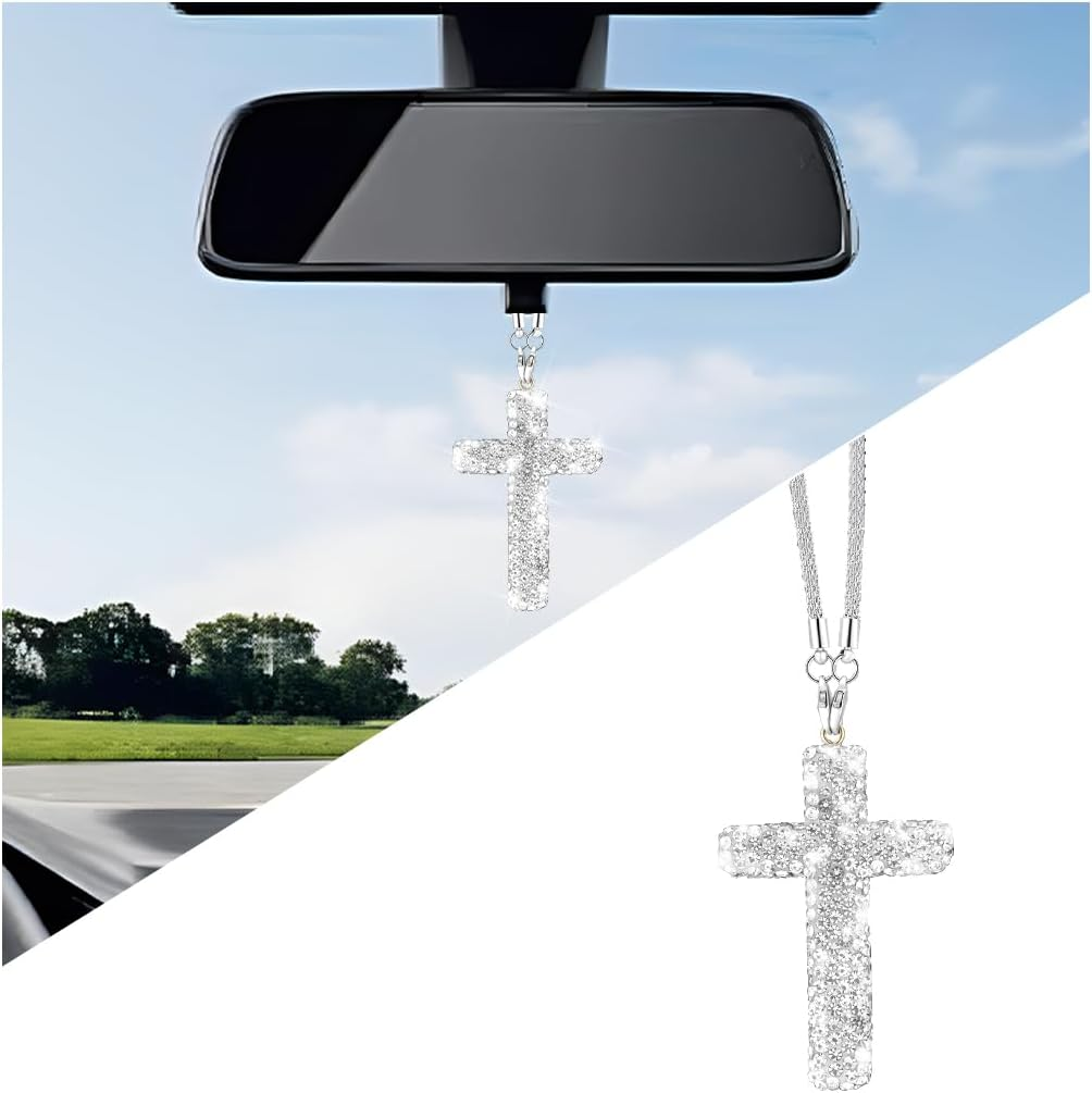 HZEL Bling Car Hanging Ornament, Cross Crystal Rhinestone Vehicle Rear View Mirror Pendant, Diamond Religious Rearview Mirror Decoration Charm, Universal Automotive Interior Accessories (White) - Pink image number 7