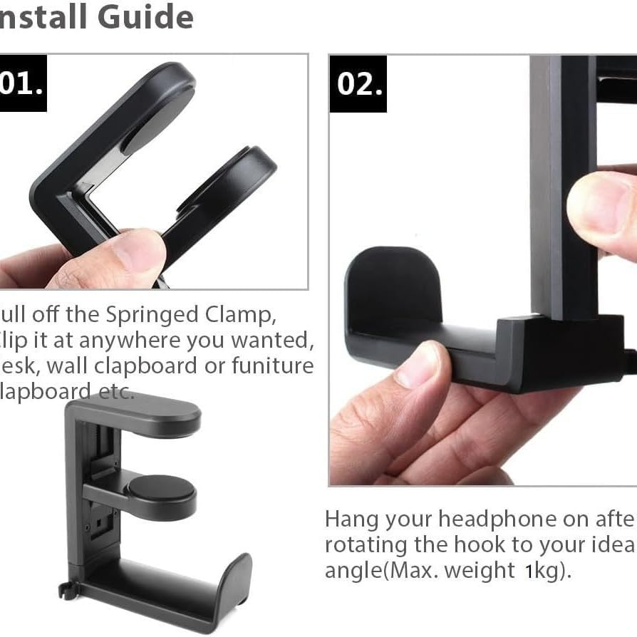 Headphone Stand Holder,Adjustable Clamp-On Headphone Holder with Cable Clip,360 Degree Swivel,Above & under Desk (Black) image number 2