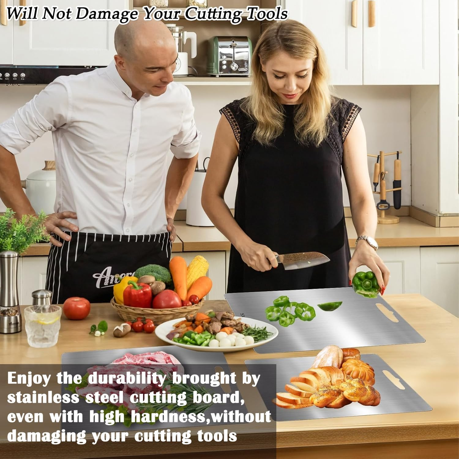 Wakouter Stainless Steel Cutting Board, 3PCS 304 Cutting Boards for Kitchen, Double Sided Food Grade Chopping Boards, Stainless Steel Chopping Board Set for Meat, Fruit, Vegetables, Dishwasher Safe image number 4