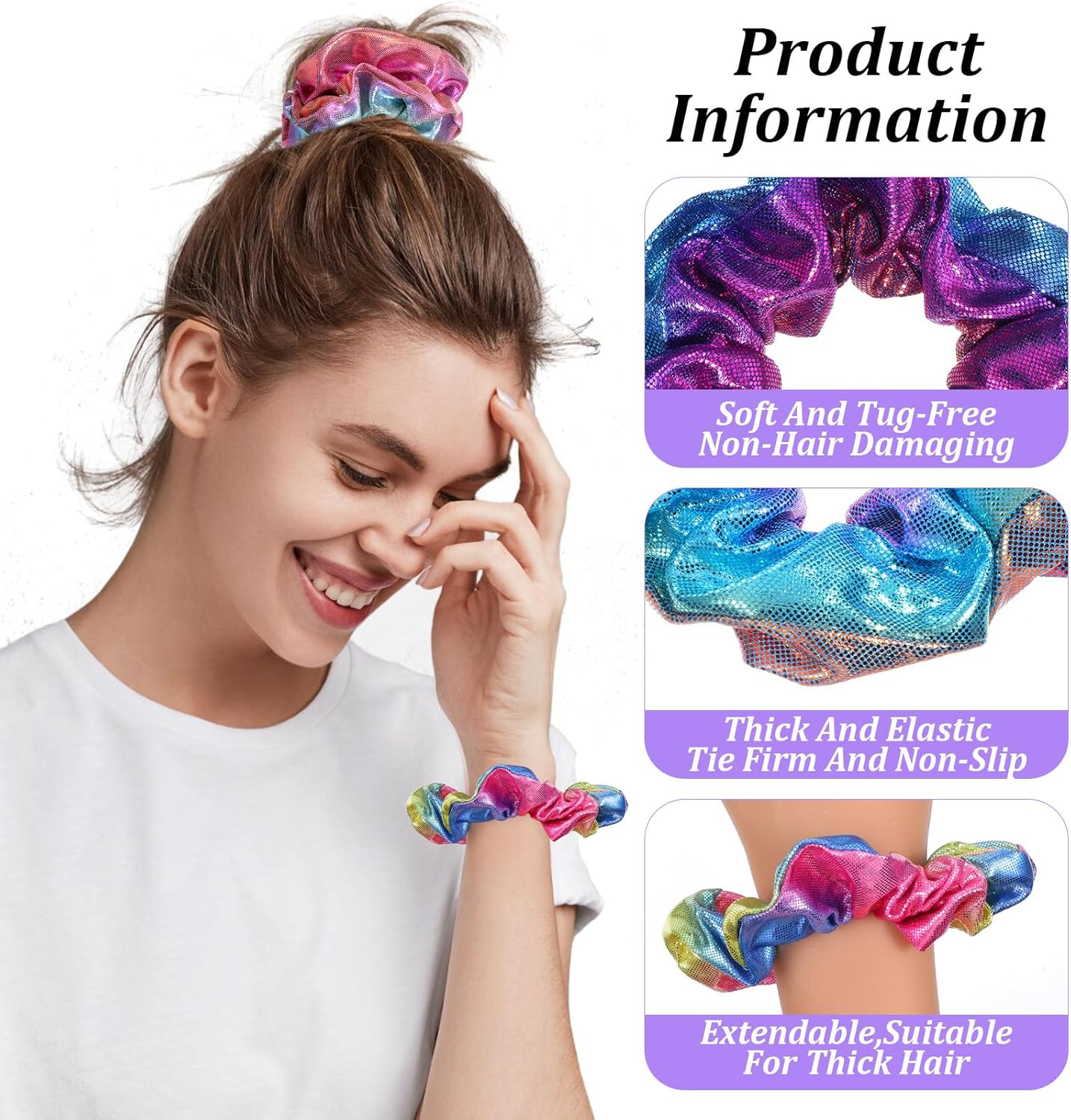 Qfgasre 24Pcs Scrunchies for Women Shiny Metallic Elastic Hair Bands Scrunchy Rainbow Hair Scrunchies Colorful Hairs Ties for Women Gymnastics Birthday Party Favors image number 4