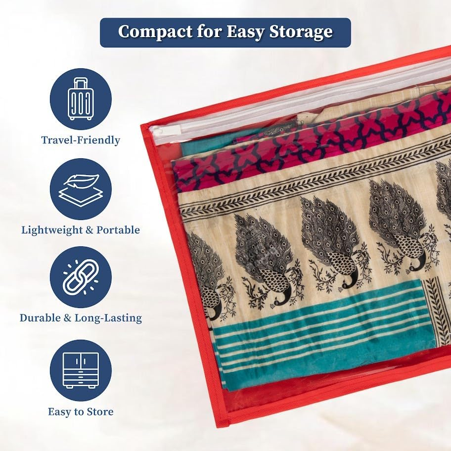 Homestrap Set of 24 Single Saree Covers | Transparent Top, Foldable & Zip Closure | Clothes Storage Bag & Wardrobe Organizer | Dust & Moisture Resistant Organizers |Red,Polypropylene
