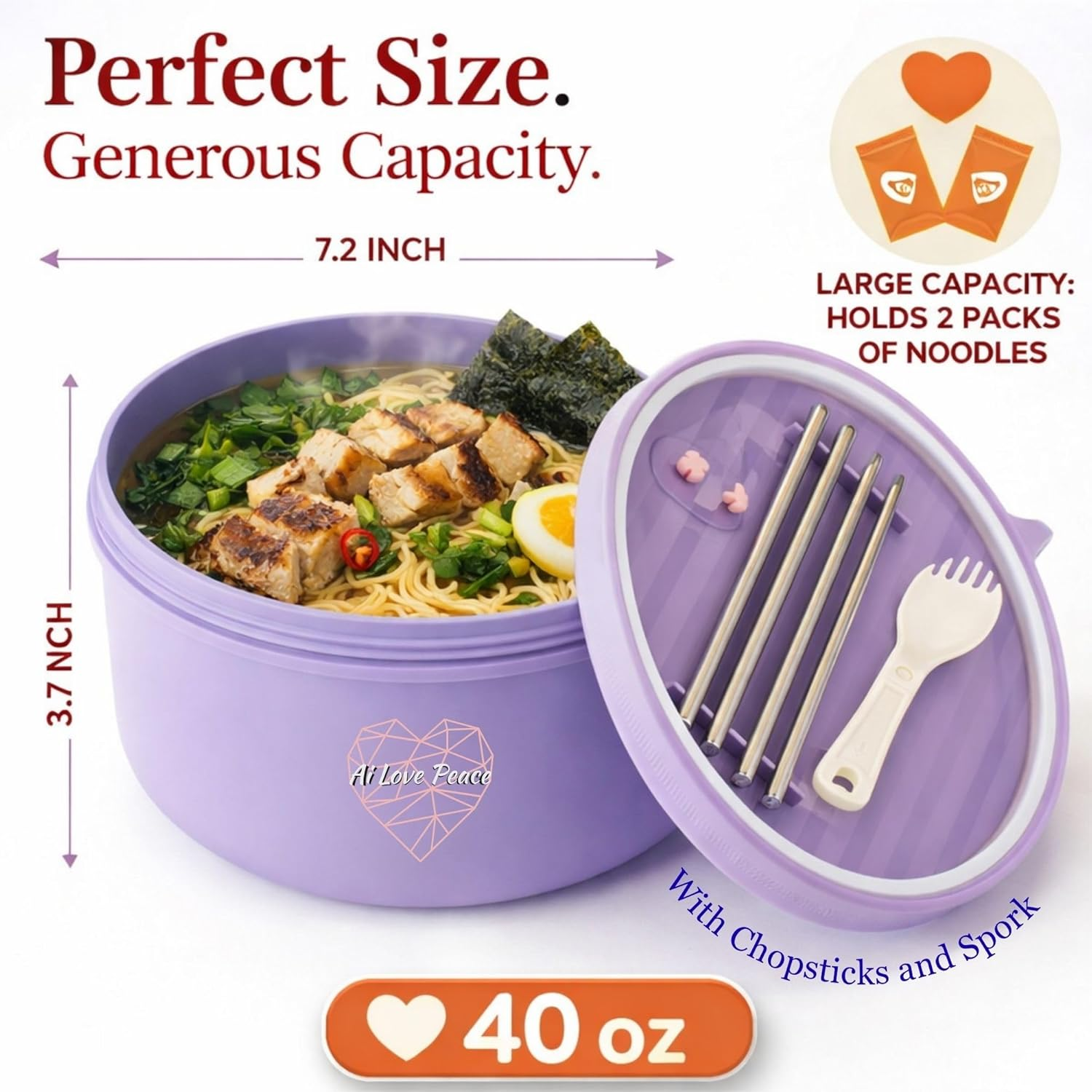 Ai Love Peace Ramen Bowl, 40 Oz Microwaveable Noodle Cooker for Ramen, Pho, Soup, and Pasta, Dishwasher Safe and Portable, Ideal for Home, Office, Dorm, or Gift (Purple) image number 3