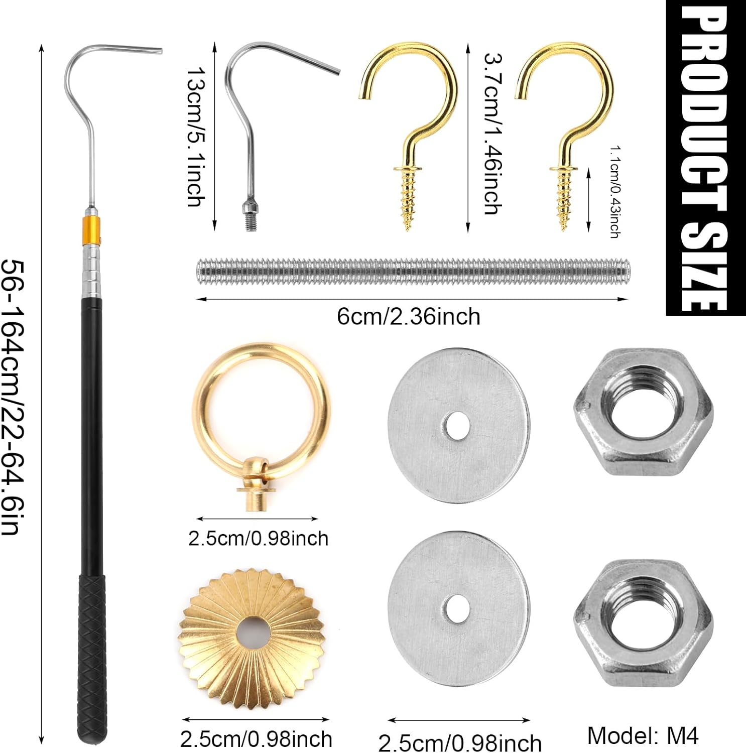 Ladder Pull down System Kit, Practical Attic Ladder Pull down System Kit with up to 64In Retractable Tie Rod with Hook M4 Screw Screw Nut Attic Ladder Tools and Accessories image number 6