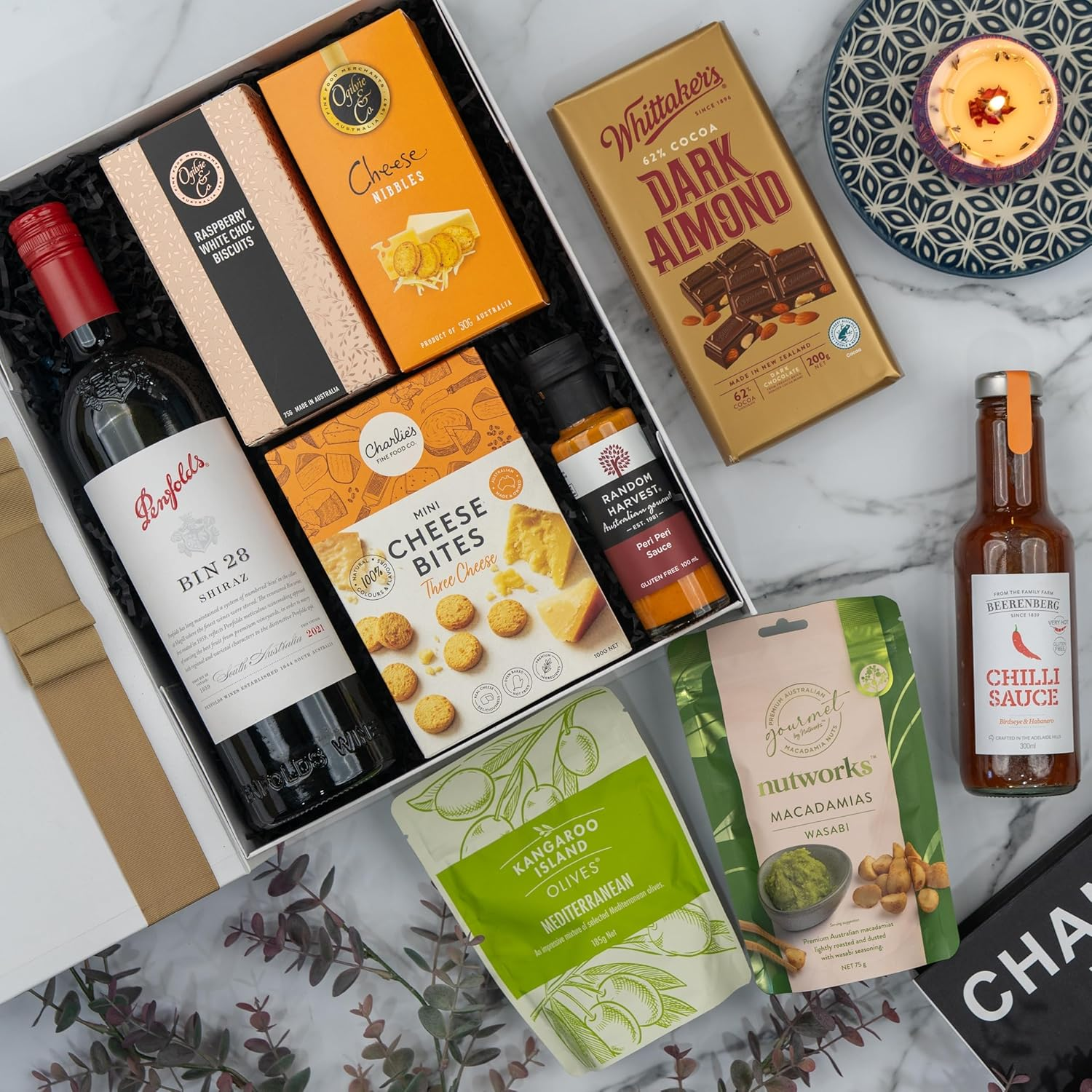 Luxury Gourmet Wine Hamper, Perfect Birthday or Thank You Gift, Quallity Selection with Shiraz, Chilli & Peri Peri Sauces, Cheese Nibbles, Dark Almond Treats