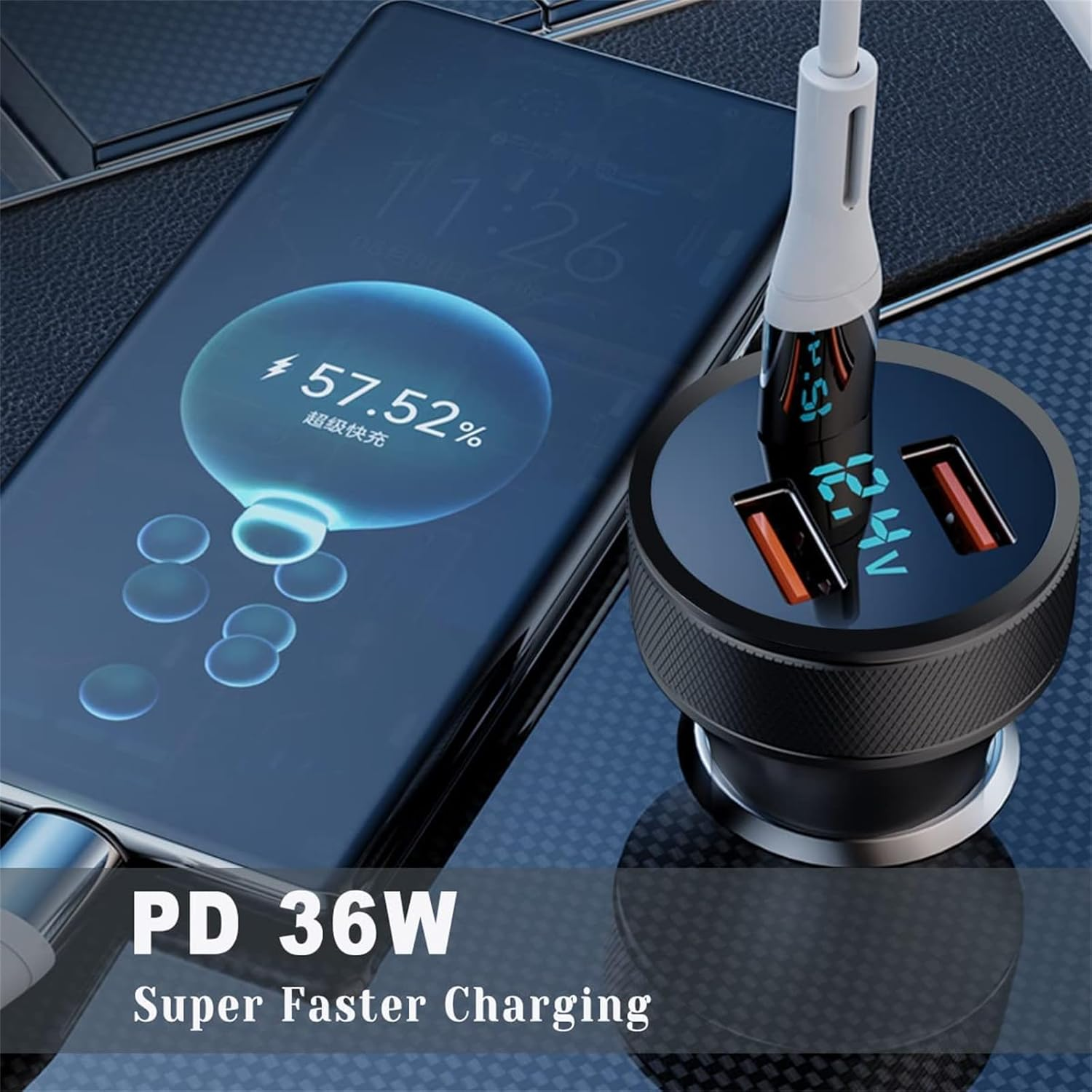 USB C Car Charger 72W PD3.0 Dual QC 3.0 3 Port USB Fast Charging Adapter, Mini Metal USB Cigarette Lighter with LED Digital Voltmeter for Iphone 11/12/13/14, Ipad Pro, Samsung S22/S21 image number 2