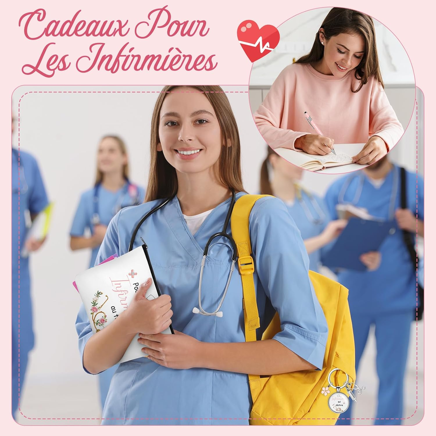 Xuniea Nurse Gift 1 Toiletry Bag 1 Keyring with Flowers, Syringe and Stethoscope 1 Ballpoint Pen Gift for Thank You, Birthday and Christmas for Women Colleagues image number 6