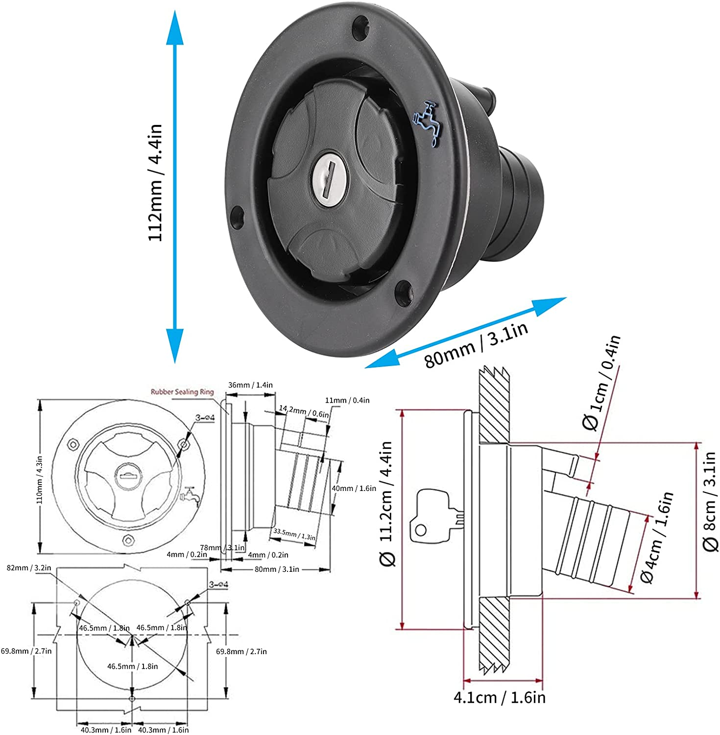 Jiawu Rv Fresh Water Inlet Lockable, Gravity Water Filler Cap with Spring and Seal Leak Proof Fill Hatch, Includes 2 Keys for RV Water Tank Trailer Equipment image number 5
