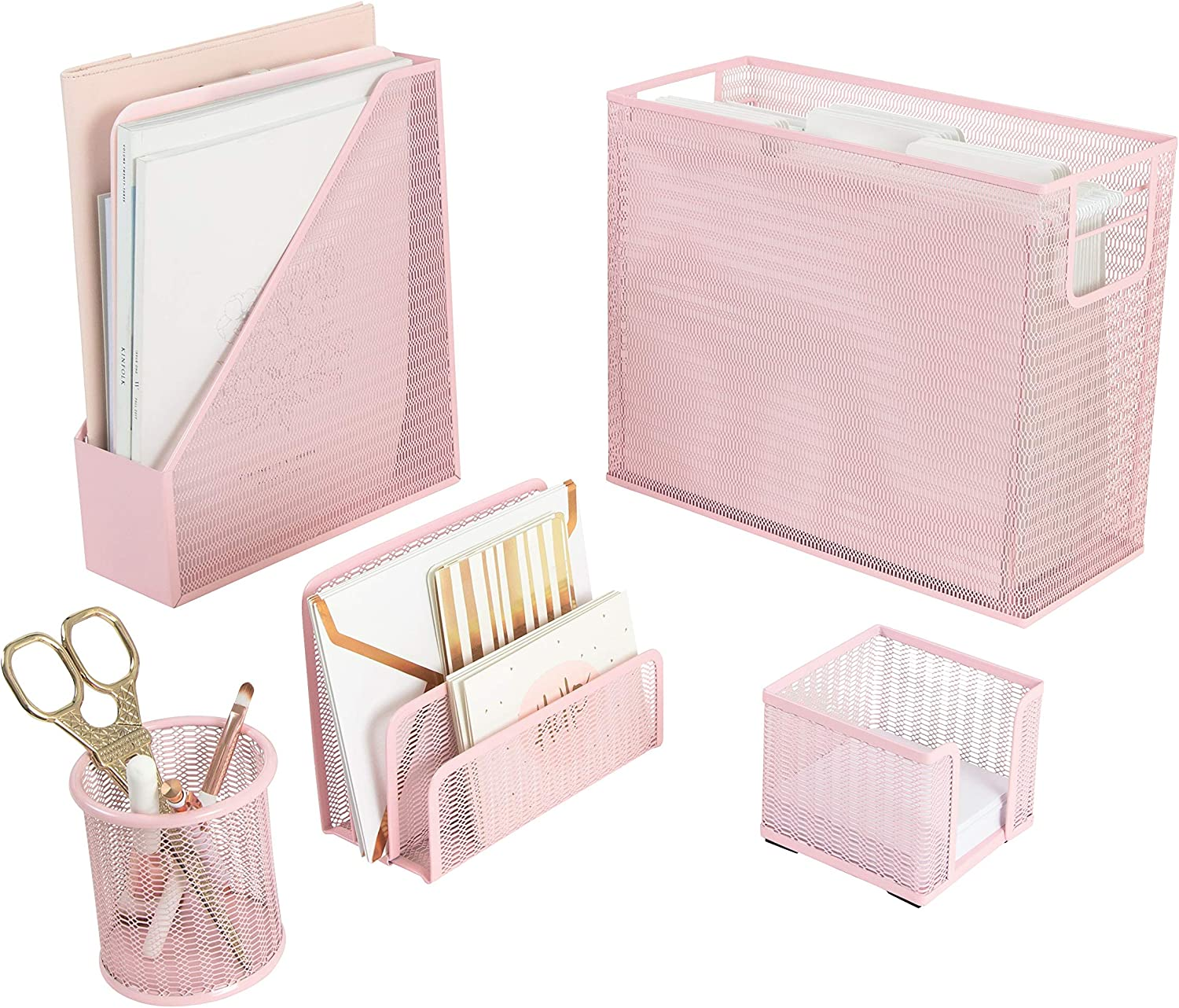 Blu Monaco 5 Piece Pink Office Supplies Desk Organizer Set - with Desktop Hanging File Organizer, Magazine Holder, Pen Cup, Sticky Note Holder, Letter Sorter - Pink Desk Accessories for Women Office image number 2