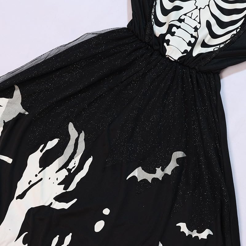 Halloween Skeleton Witch Costume with Pointed Hat,Glow in the Dark,Halloween Holiday Dress Long Sleeve for Girls image number 5