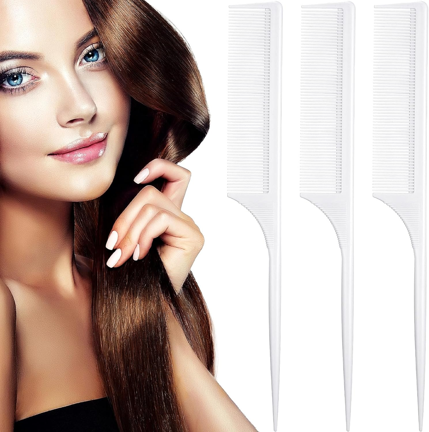 Leinuosen 3 Pack Carbon Fiber Rat Tail Styling Comb, Heat Resistant anti Static Teasing for Back Combing Root Teasing Adding Volume Evening Styling(White) - Green,Pink,Yellow image number 4